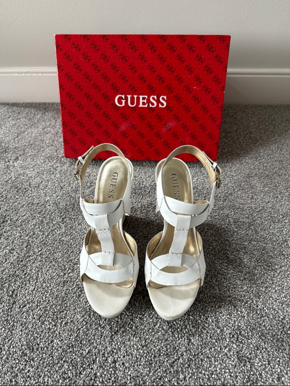 GUESS White Wedge Sandals with Gold Accent - Picture 2 of 5